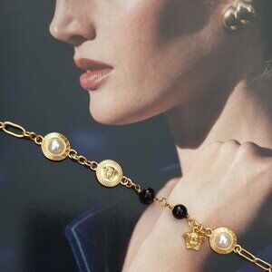 Women Gold Metal Chain Versace Medusa Bracelet Pearl Stones Accessory Jewelry